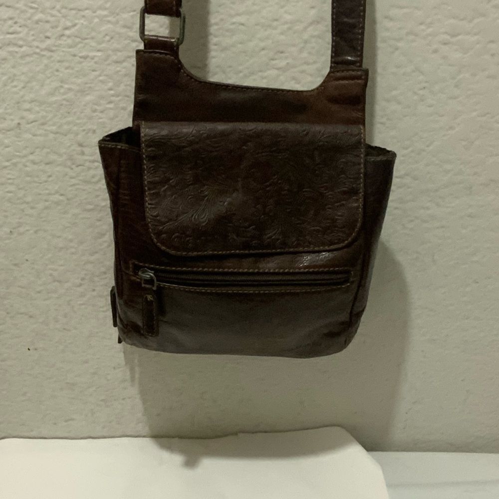 Jack Georges Voyager Leather Crossbody Brown Boho Cottage Embossed Floral - Picture 2 of 16